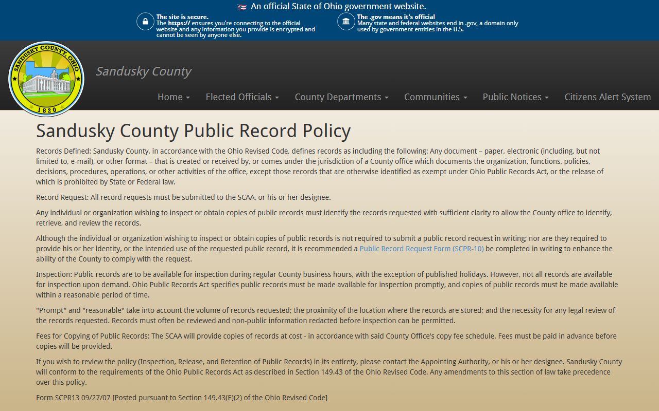 Sandusky County inmate records public record policy page