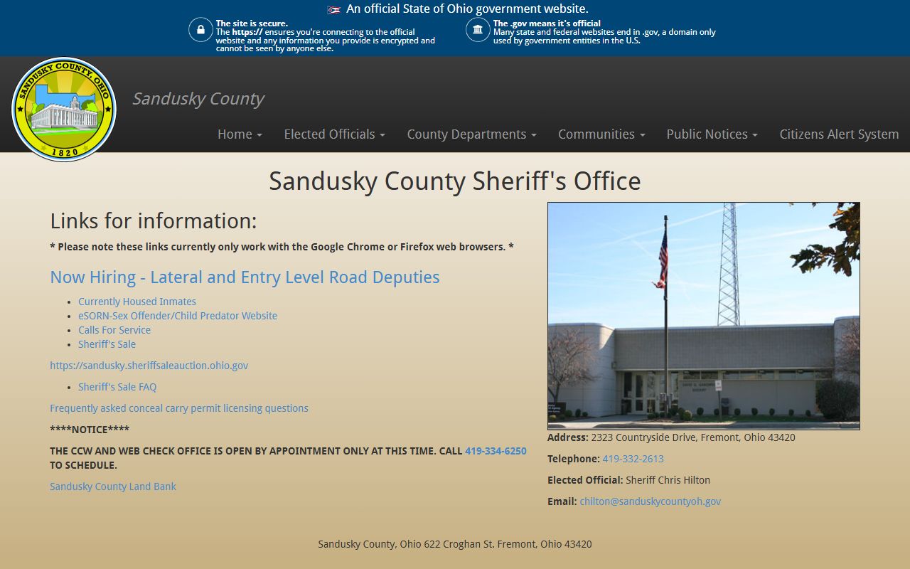 Sandusky County Jail and Sheriff's Office building for inmate lookup